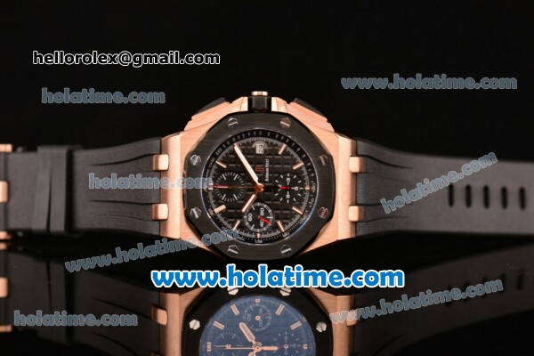 Audemars Piguet Royal Oak Offshore Chronograph Swiss Valjoux 7750 Automatic Rose Gold Case with PVD Bezel Stick Markers and Black Rubber Strap - Click Image to Close